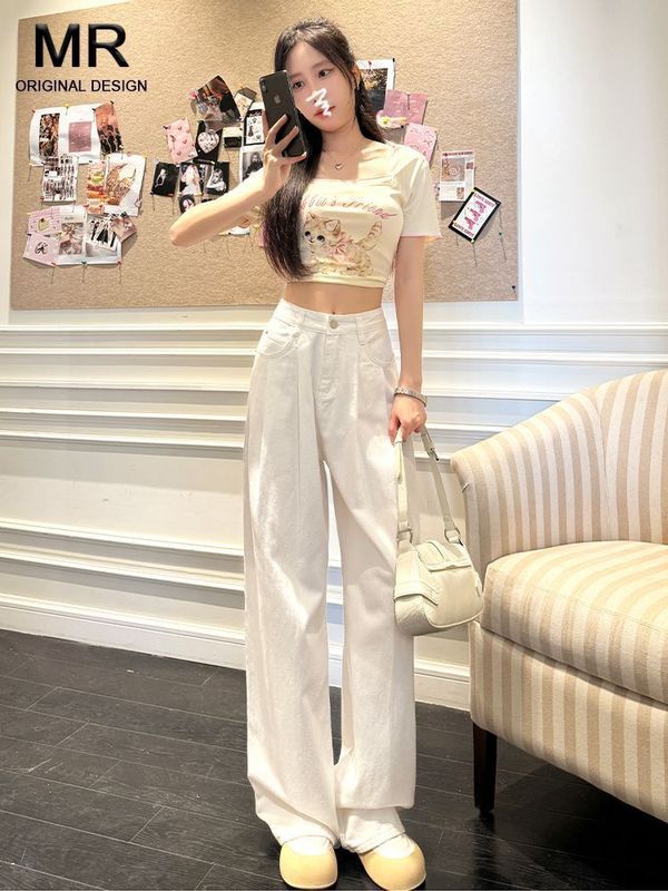 白色高腰褶皱阔腿牛仔裤女2025夏季薄款宽松显瘦直筒垂感拖地裤潮|undefined