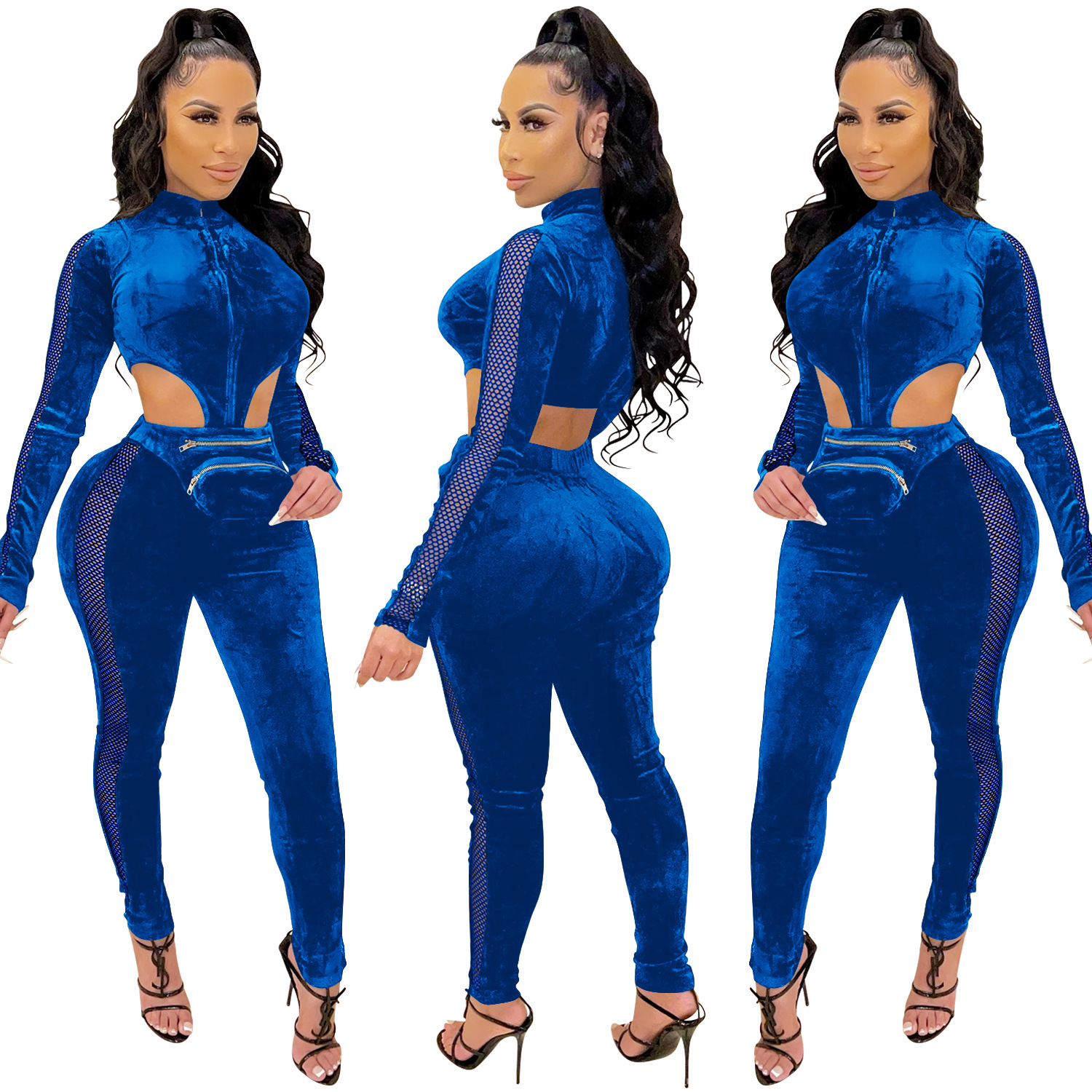 Velet See-Through Zipper Long-Sleeved Hollow Jumpsuit NSFYZ113206