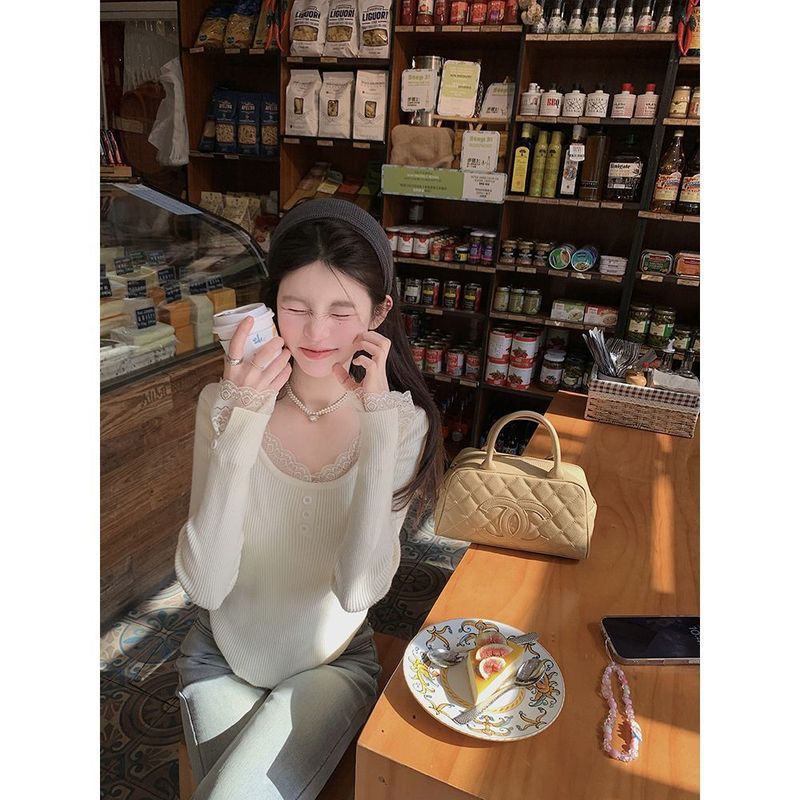 法式别致蕾丝打底衫女秋冬款绝美内搭毛衣修身显瘦韩版针织上衣女|undefined