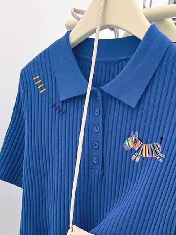 ブルーレインボーポニー右肩半袖Tシャツレディース夏新作おしゃれ年齢軽減ファッションポロカラーラージサイズトップ|undefined
