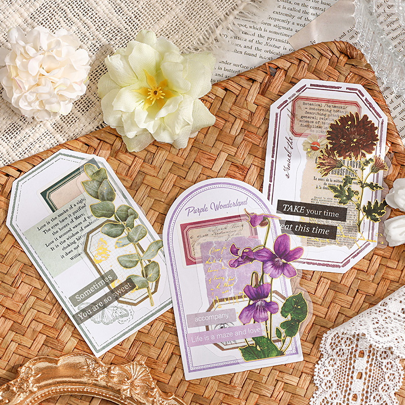 Paquete de pegatinas impermeables PET serie de flores doradas retro 30 pegatinas de material decorativo floral estampado