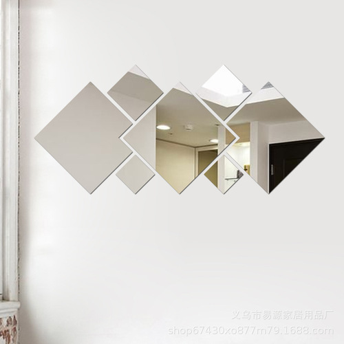 A set of seven rhombus-shaped mirror wall decals with self-adhesive backing, produced and sold by the manufacturer. Large size: 16.5cm. Small size: 4.8cm.