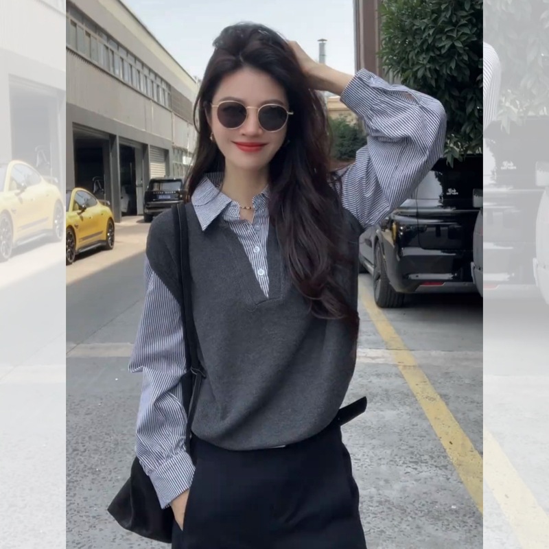 假两件长袖衬衫女高级感设计感小众早秋韩系chic别致针织衫上衣|undefined
