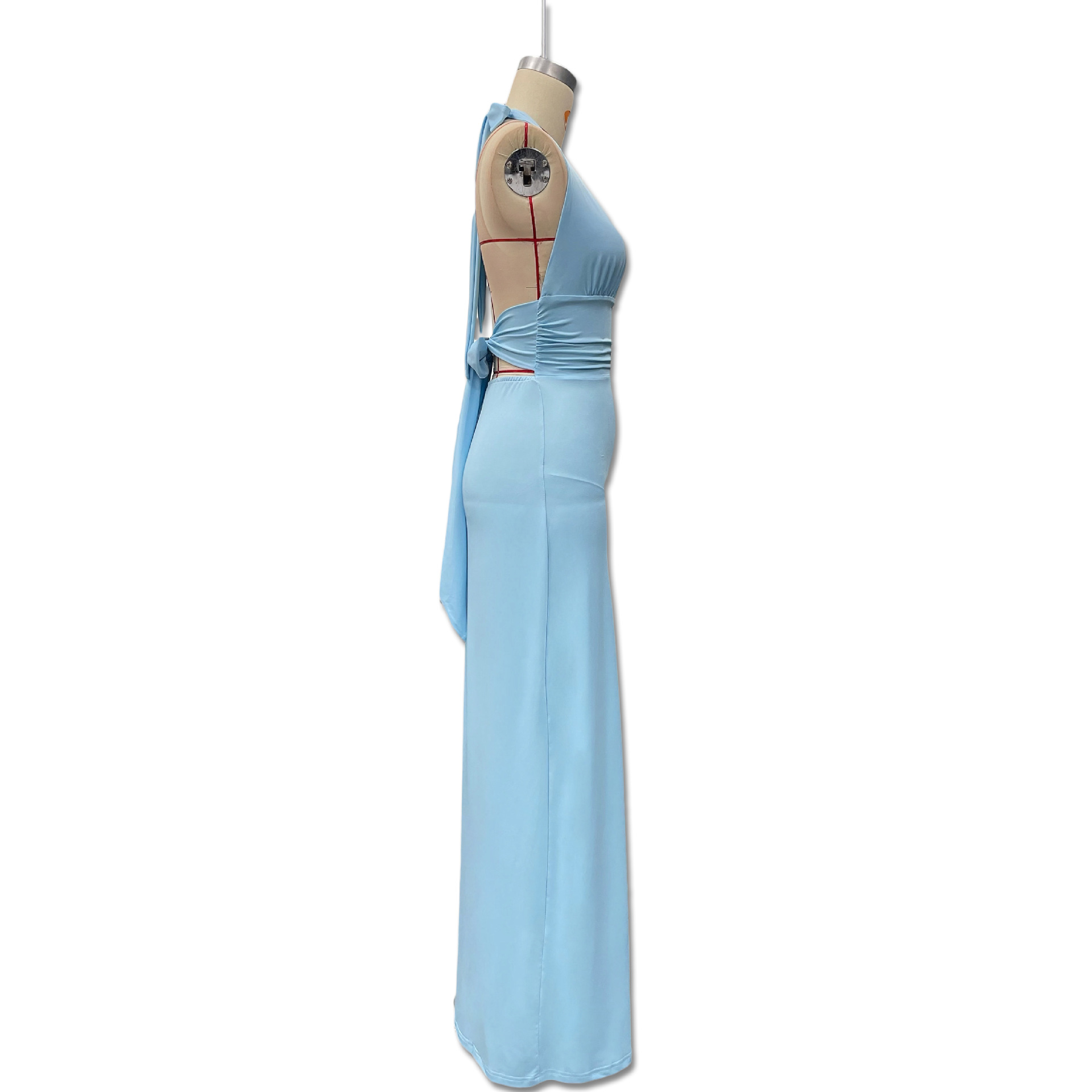 Elegant Women's Sleeveless Halter Neck V Neck Slit Long Dress European American Style Deep V Solid Color Cinching Sexy Dress_ecoleips.com