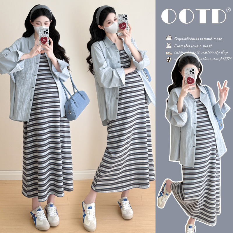 Real Stock Photo: Maternity Autumn Knitted Striped Vest Dress + Adjustable Shirt Set with Cotton Tie-Dye Collar