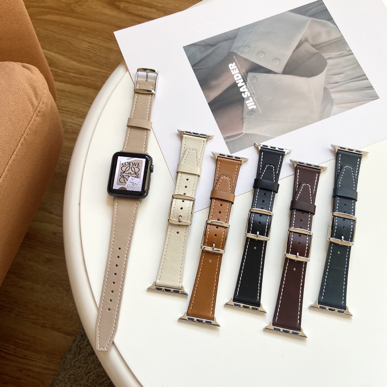 Suitable for Apple Watch Iwatch Strap 1-10 Generation Ultra New Leather Square Buckle Flat Tail Strap