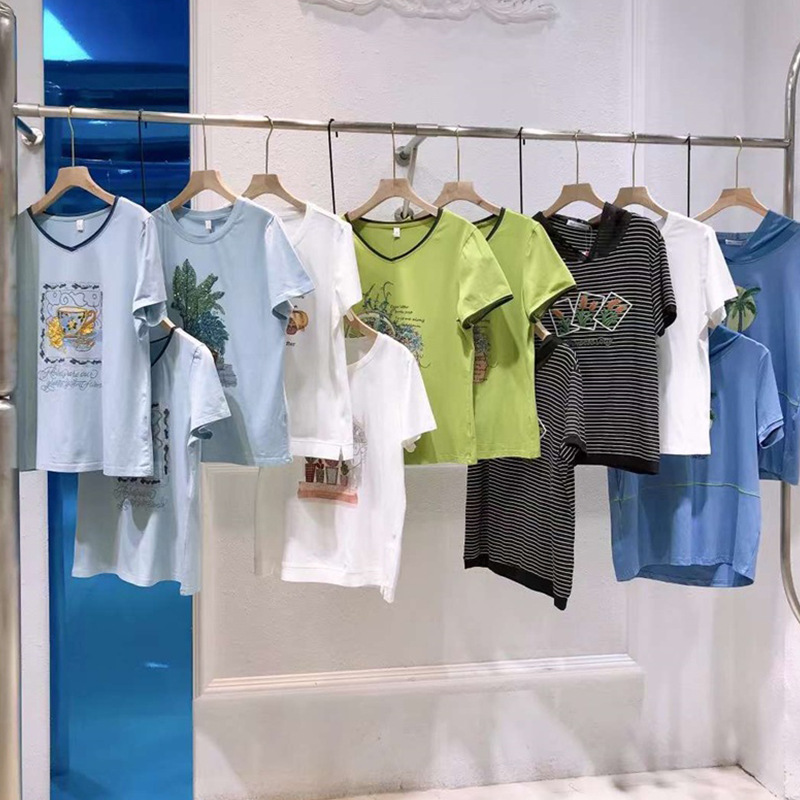 标致丽人23夏季大码气质短袖妈妈装刺绣圆领百搭T恤品牌库存清仓