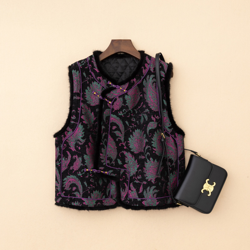 Heavy Weight! Real Mink Fur Edge! New Chinoiserie Jacquard Vest Vest for Women with Oblique Placket and Buttoned Quilted Top and Waistcoat