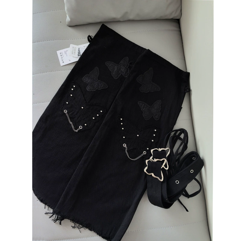 Джинсовые расклешенные гетры на шнуровке с вышивкой бабочки Y2k, женские носки с напуском, носки до середины икры, новые гетры.