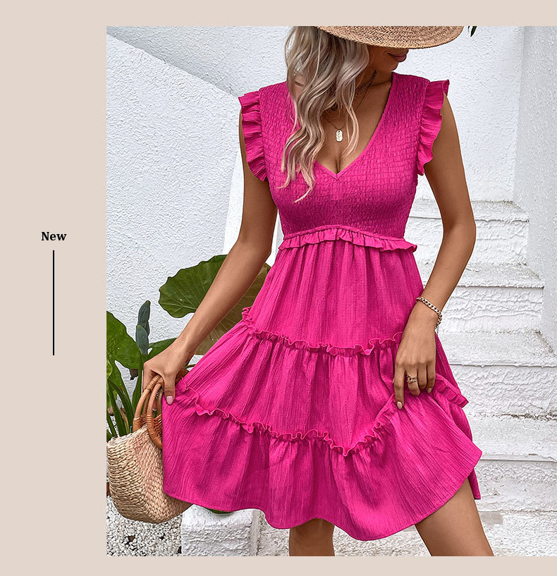 260g Weight Knee-Length Dress Length Type Sleeveless Sleeve Length Regular Dress Dresses Type Polyester Fabric Type Mid Waist Waist Line Street Occasion V Neck Neckline Regular Fit Fit Type Solid Color Pattern Summer Season Women'S Gender Ruffles Design Elegant Style Wholesale Women'S Elegant Ruffles Solid Color Street V Neck Sleeveless Regular Dress