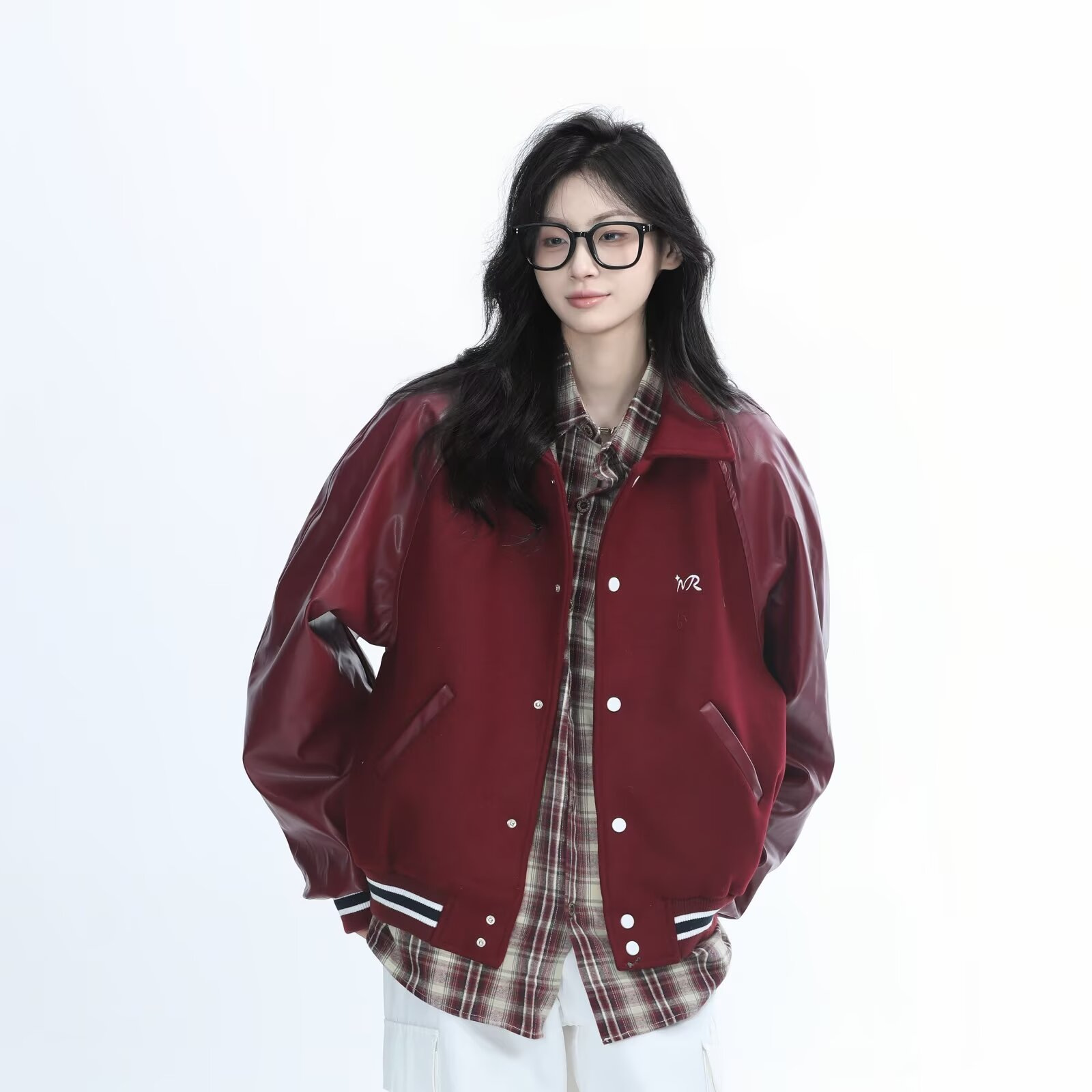American Street Style Burgundy Motorcycle Jacket for Women Embroidered Woolen Splicing Leather Jacket Design Baseball Jacket Trendy
