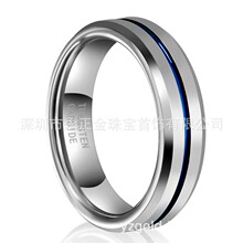 跨境亚马逊钨钢戒指蓝色切槽男士乌金指环厂家几何风时尚通勤戒指