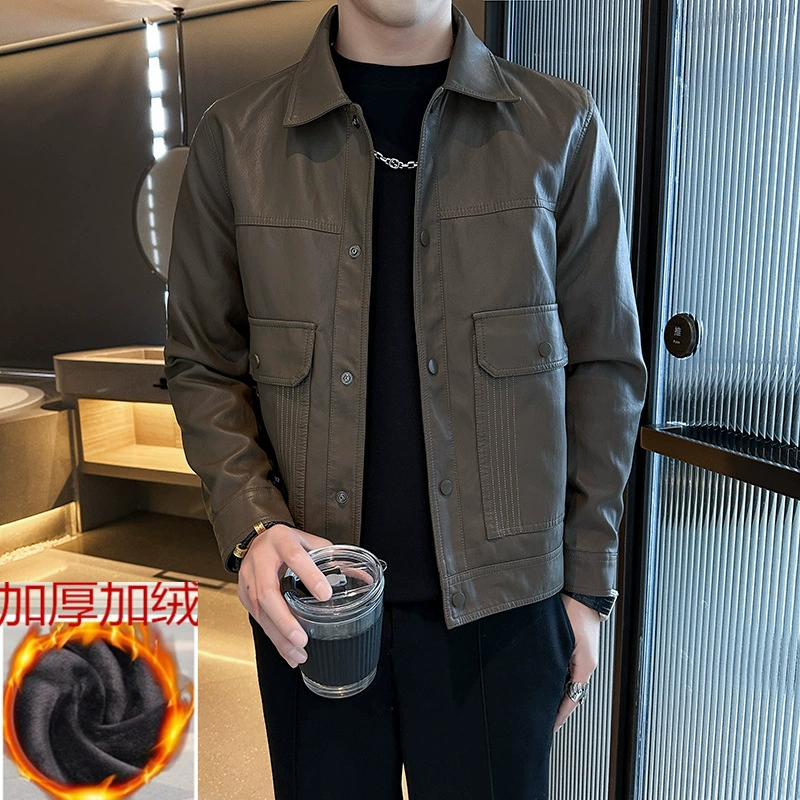 Мужская кожаная куртка премиум-класса, зимняя, 2024 года, с флисовой подкладкой, утолщенная, стильная, приталенного кроя, в стиле байкерской куртки