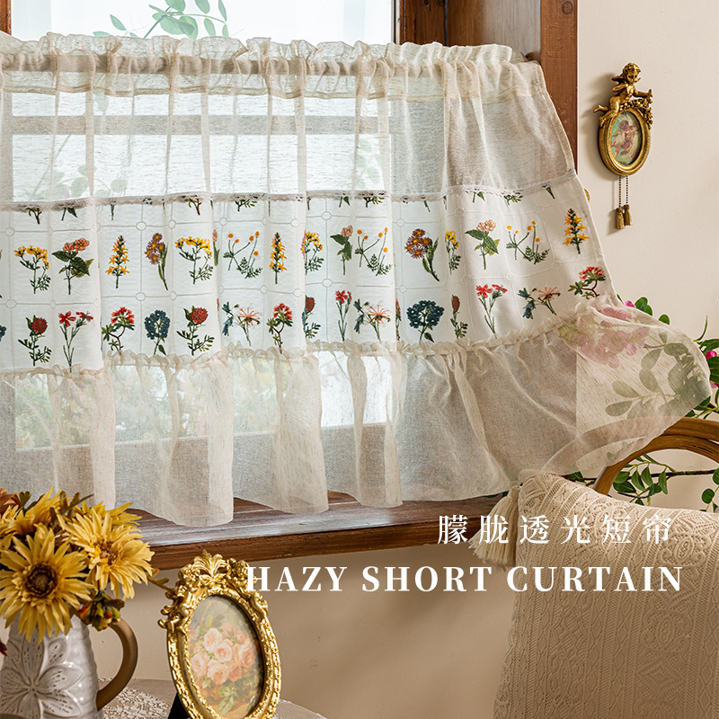 White Decorative Fabric Patchwork Short Curtain with Delicate Embroidery in a Pastoral Style, Romantic Half Curtain with Rod-Style Door Curtain
