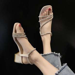 Rhinestone Sandals for Women with Thick Heels 2025 New Summer Versatile Fairy Style High Heels for Women with Skirts