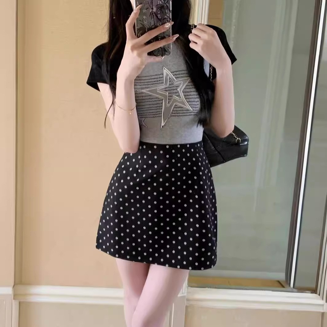 灰色白色波点半身裙女2025春秋新款法式包臀裙A字裙短裙黑色裙子