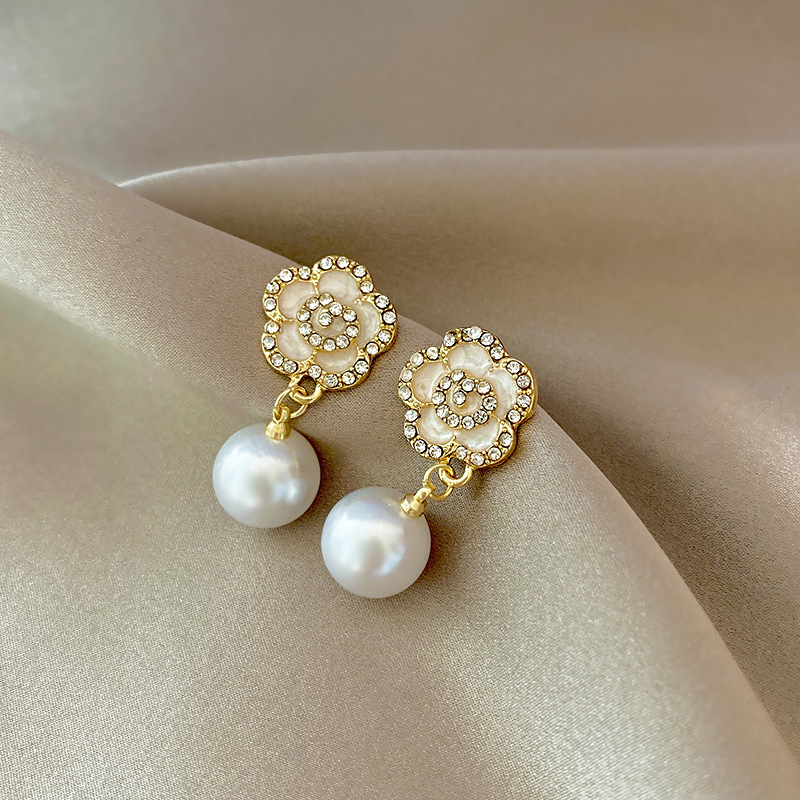 Camellia Drop Earrings Women's Simple Temperament Diamond Set_voghion.com