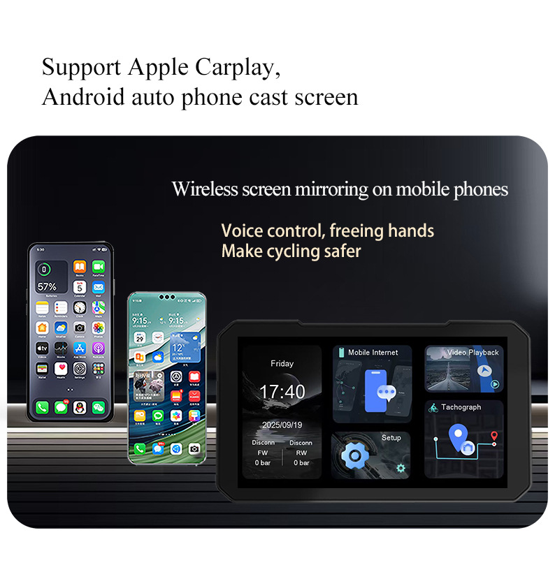 Motorcycle Smart Navigation System CarPlay/Android Auto Wireless Screen Mirroring Dash Cam Waterproof