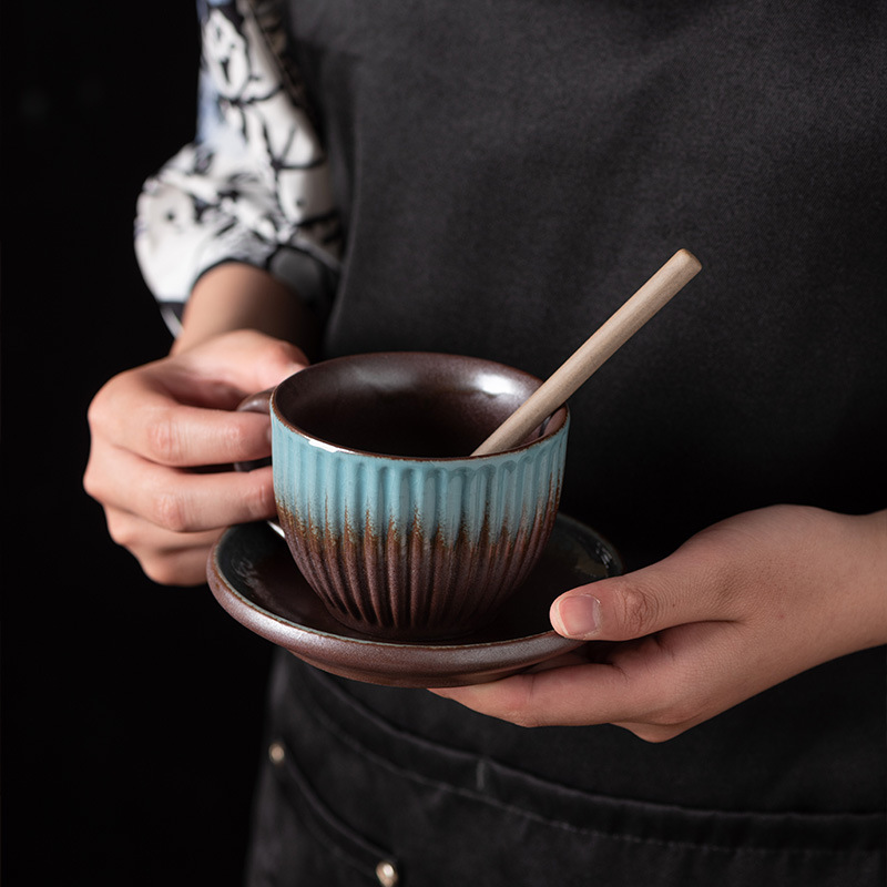 Striped And Saucer Set, Vintage Kiln-Fired Coffee Creative Top Quality Ceramic Cup, Light Luxury Afternoon Tea Coarse Pottery Cup_voghion.com