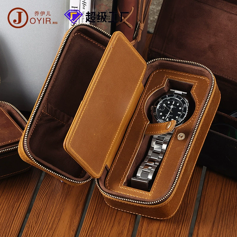 Retro rectangular watch box for traveling, storage box with zipper, genuine leather