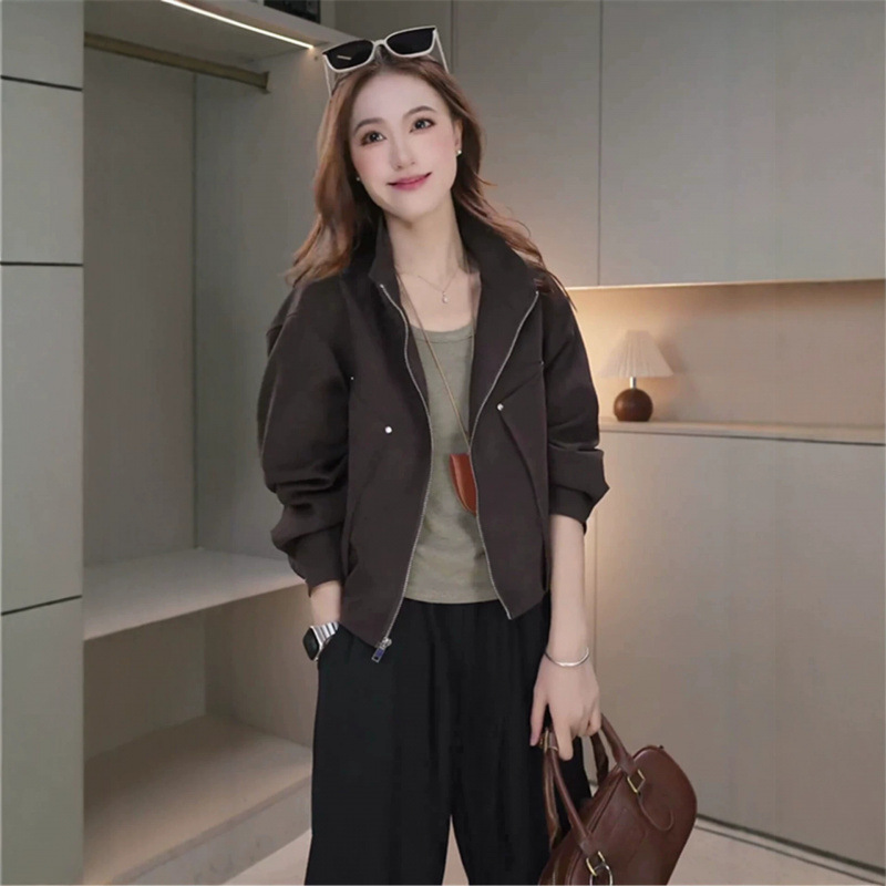 Women's short, stand-collar jacket for autumn, loose fit, slimming, with zipper, petite size, stylish, versatile, and suitable for work Women's short, stand-collar jacket for autumn, loose fit, slimming, with zipper, petite size, stylish, versatile, and suitable for work