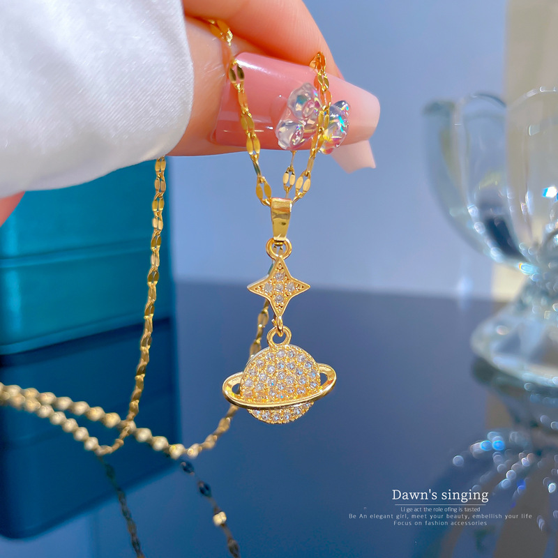 Planet Halskette Aus Echtem Gold Mit Diamanten Für Damen_voghion.com