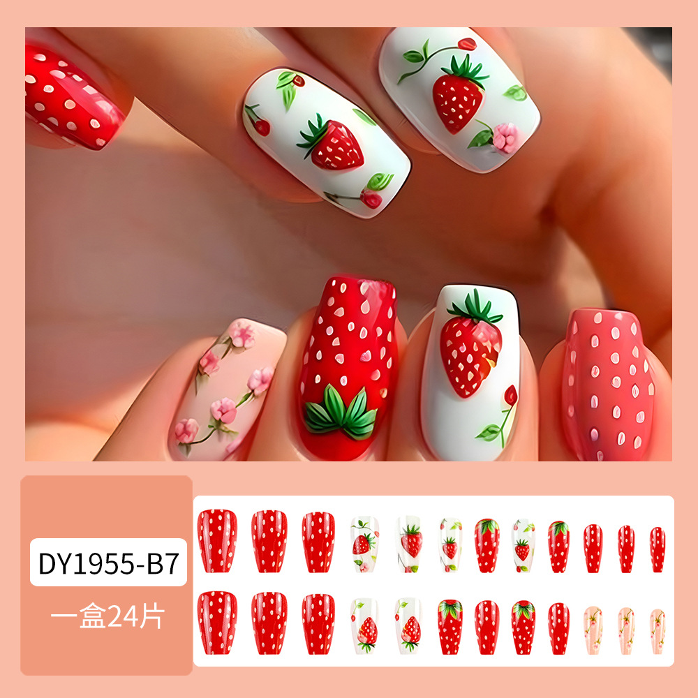 Uña de fresa de vid rosa blanco color de flor de desgaste de uñas productos terminados al por mayor parches de uñas de venta caliente transfronterizas