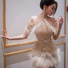 欧美新款流苏挂脖晚礼服收腰鱼尾气质礼服短款舞会酒会露肩礼服女