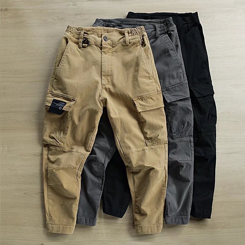 Men's loose-fitting cotton work pants, hip-hop style, cropped casual pants, jogger tactical pants, multi-pocket work trousers, trendy Men's loose-fitting cotton work pants, hip-hop style, cropped casual pants, jogger tactical pants, multi-pocket work trousers, trendy