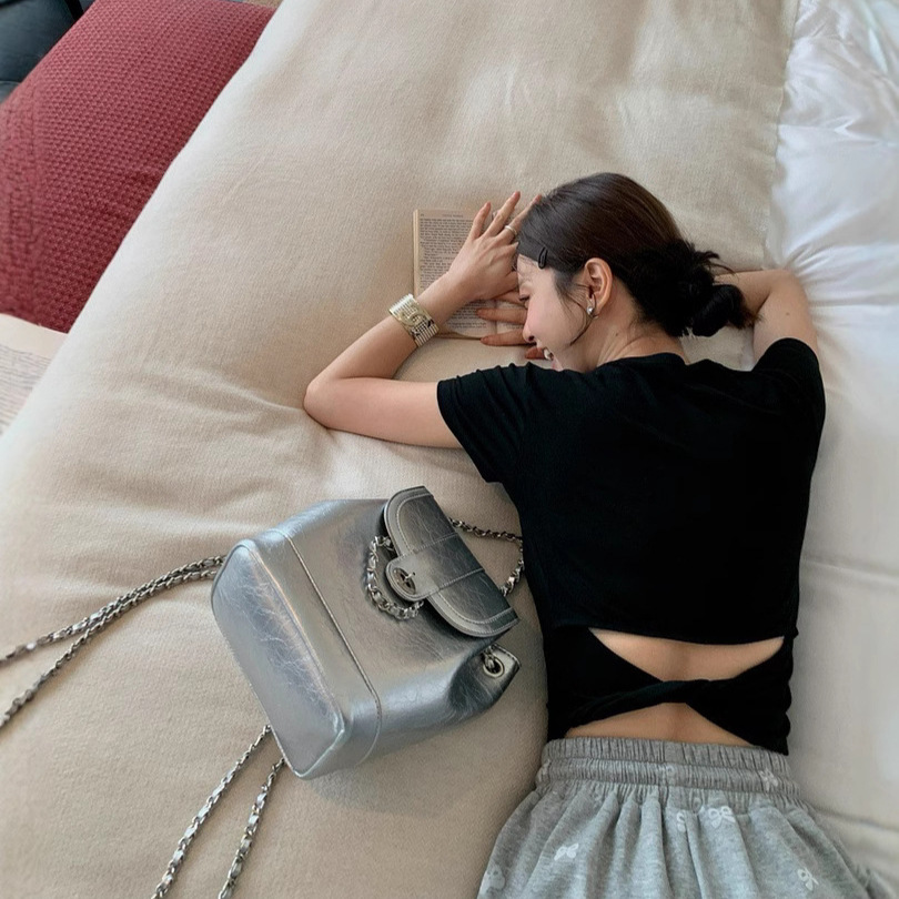 5041# rayon cotton shoulder short sleeve T-shirt design sense dew strap chest pad pure desire hot girl tight slim short coat