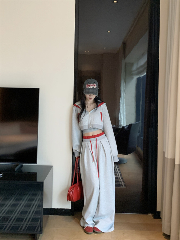 实拍 2025秋冬美式辣妹设计感拼色短款卫衣直筒宽松抽绳卫裤套装|undefined