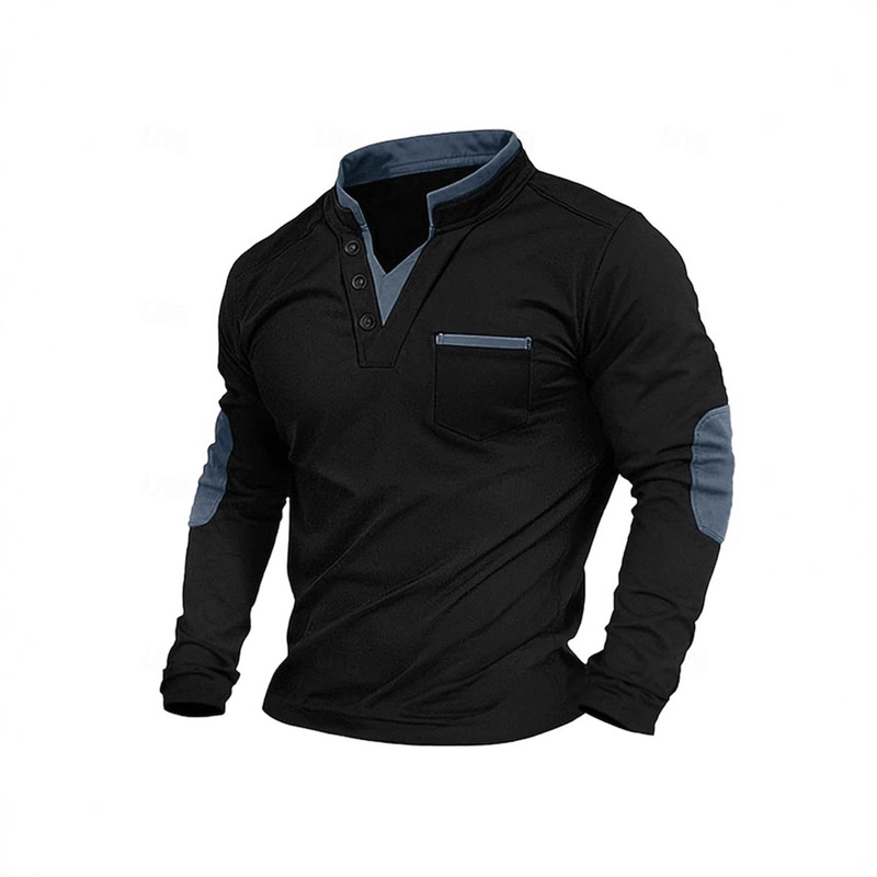 European and American Style Men's Embroidered Retro Patchwork Top for Spring and Autumn, Outdoor Casual Long-Sleeve T-Shirt with Stand Collar