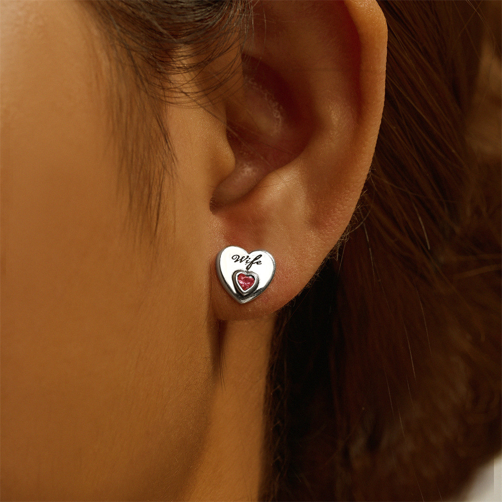 4g Weight Zircon Inlay Material Ear Studs Classification 1 Pair Quantity Daily, Festival Occasion 925 Sterling Silver Material Mother'S Day Festival Letter, Heart Shape Pattern Women's Gender Plating, Inlay Design Simple Style Style 1 Pair 925 Sterling Silver Zircon Letter Heart Shape Ear Studs 19