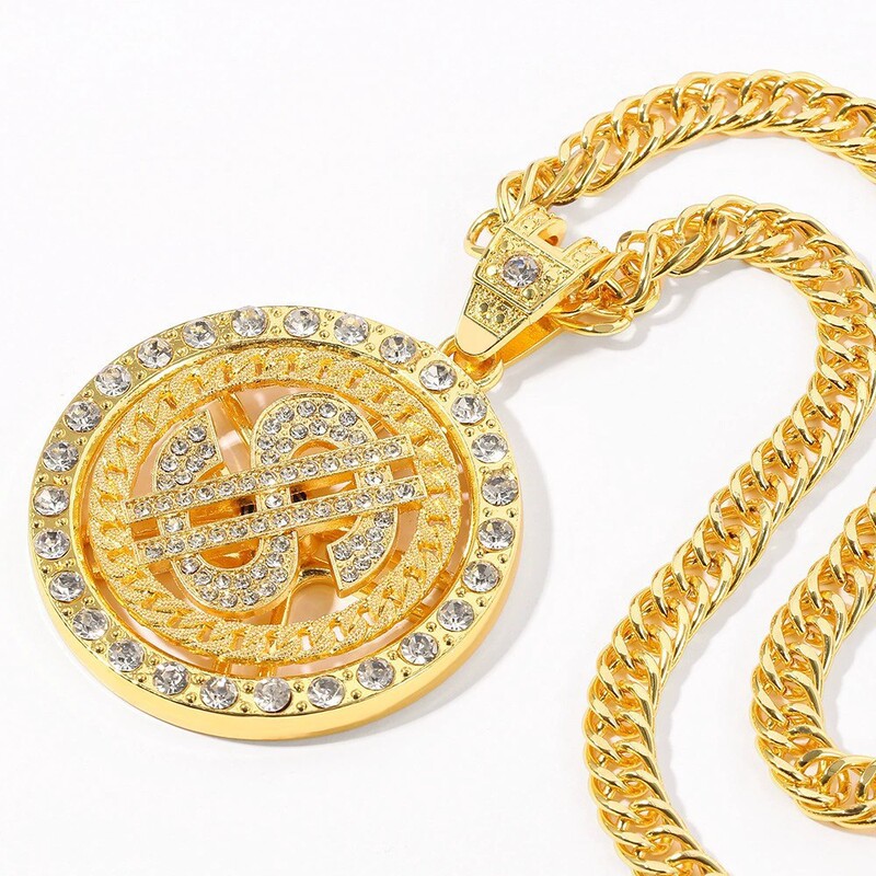 Cross-Border Fashion 360-Degree Rotating Dollar Pendant with Diamonds, Gold Coin Rotating Cuban Pendant Necklace Jewelry Cross-Border Fashion 360-Degree Rotating Dollar Pendant with Diamonds, Gold Coin Rotating Cuban Pendant Necklace Jewelry