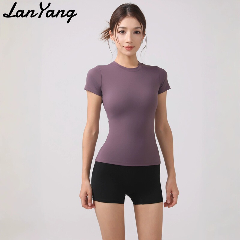 Sports Short-Sleeved Women's Breathable Slim-Fitting Yoga Top Pilates Training Fitness Round Neck Right-Shoulder T-Shirt Sports Short-Sleeved Women's Breathable Slim-Fitting Yoga Top Pilates Training Fitness Round Neck Right-Shoulder T-Shirt