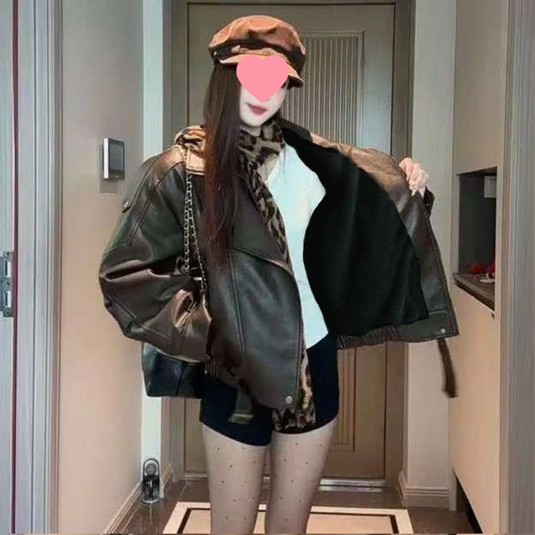 Fashionable Fleece-Lined Thick Leather Jacket for Women, New Korean Style Loose Biker Leather Jacket for Autumn and Winter