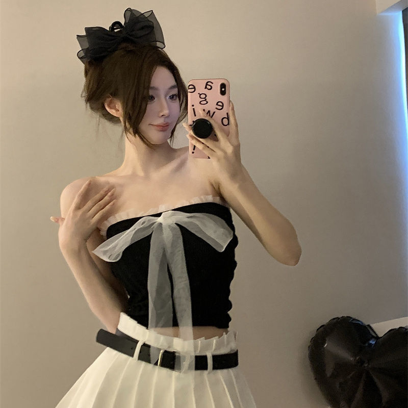 女性用メッシュストラップホルターネックチューブトップアウタートップ、夏服、純粋な欲望、バックレス、タイトフィット、ショートスタイル、胸を包むベスト|undefined