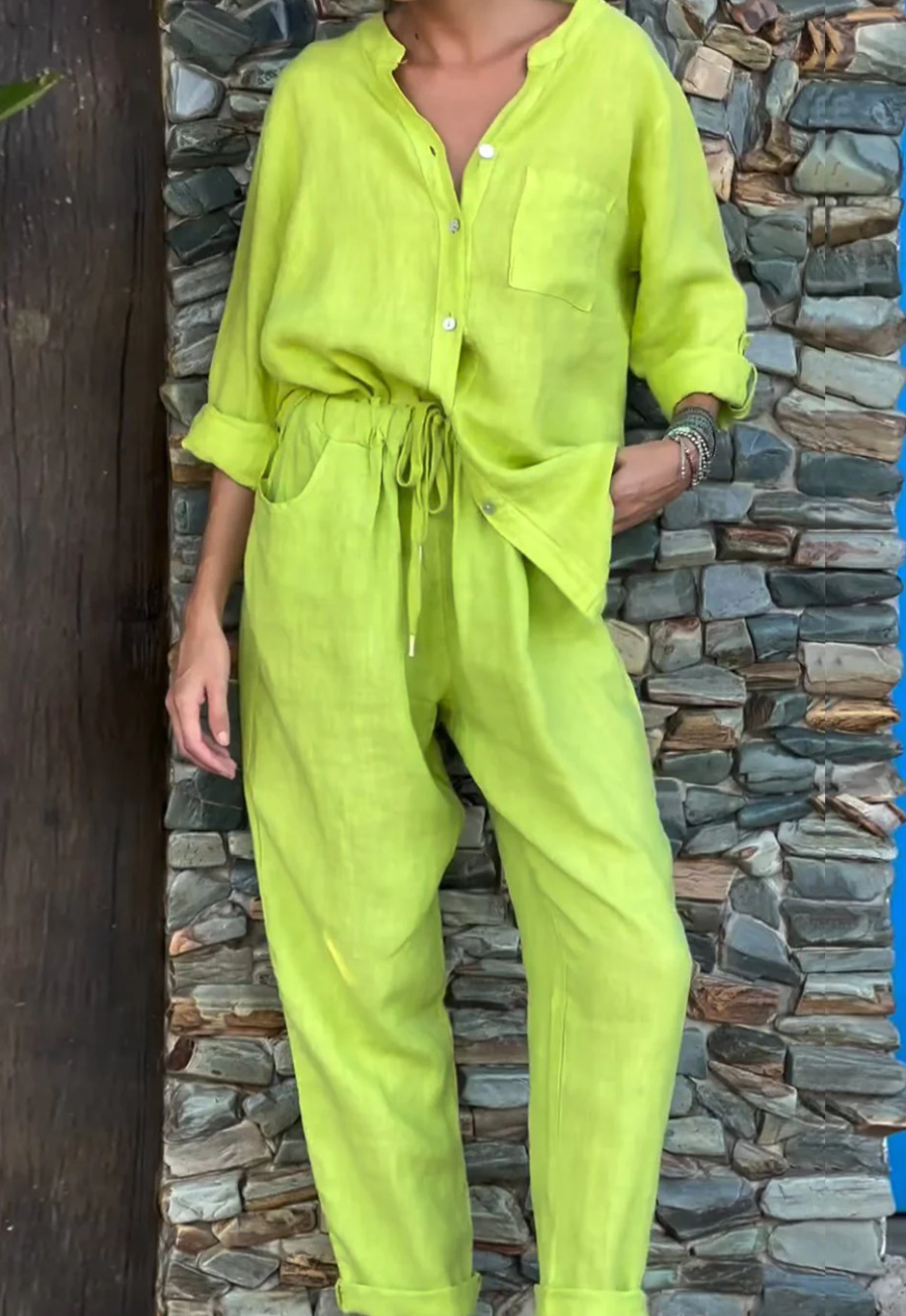 Women's Clothing 2024 Summer New Women's 2 piece Set Large Size Cotton and Linen Shirt Set High Waist Loose Trousers_voghion.com