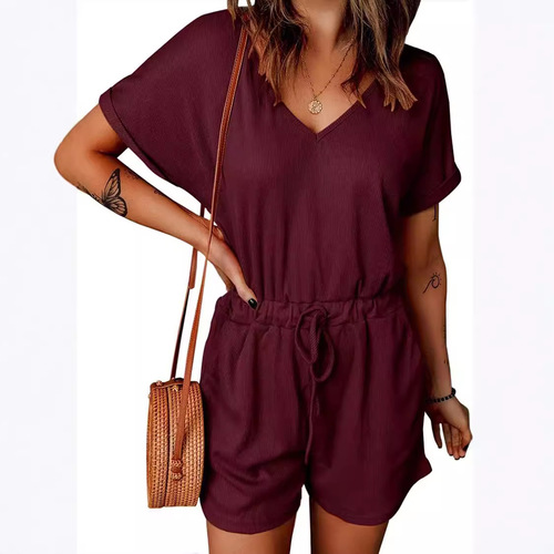 Women's Summer European and American Fashion Hot Selling Casual V-Neck Flared Sleeve Pocket Bodysuit