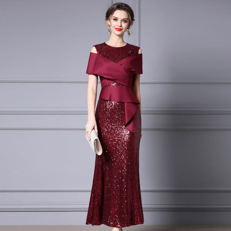 Zhili Slightly Plus-Size Dress for Important Occasions 2026 Summer New Style Sequined Burgundy Long Light Gown Mermaid Dress
