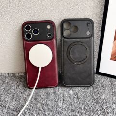 适用iPhone plus皮革保护套磁吸无线充旋转支架苹果17 Max手机壳