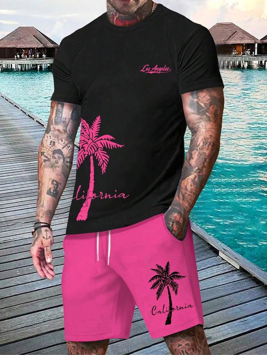 Coconut Tree Lema Graffiti 3D Impresión digital Traje de hombre Camiseta Traje de hombre Cuello redondo Pantalones cortos con cordón de manga corta