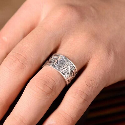 Vintage plain silver copper coin with a surplus every year, koi fish lotus ring, Thai silver koi heart meridian open ring