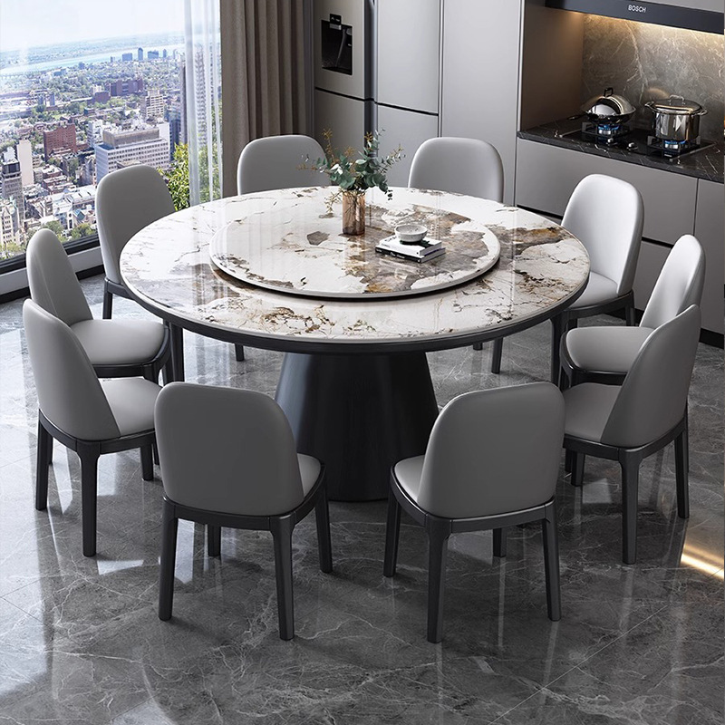 Mesa y silla de comedor de tabla de roca de alta gama, mesa de comedor casera moderna y simple con mesa giratoria, mesa redonda de madera maciza del hotel