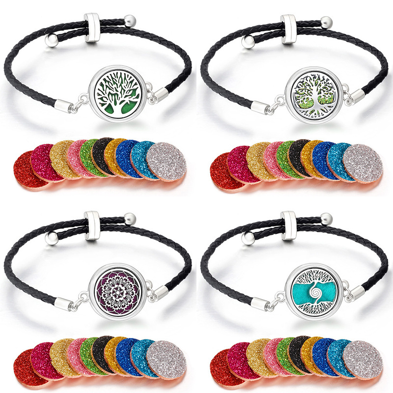 Fashion black braided wrist leather bracelet stainless steel aromatherapy essential oil diffuser cassette adjustable lady hand