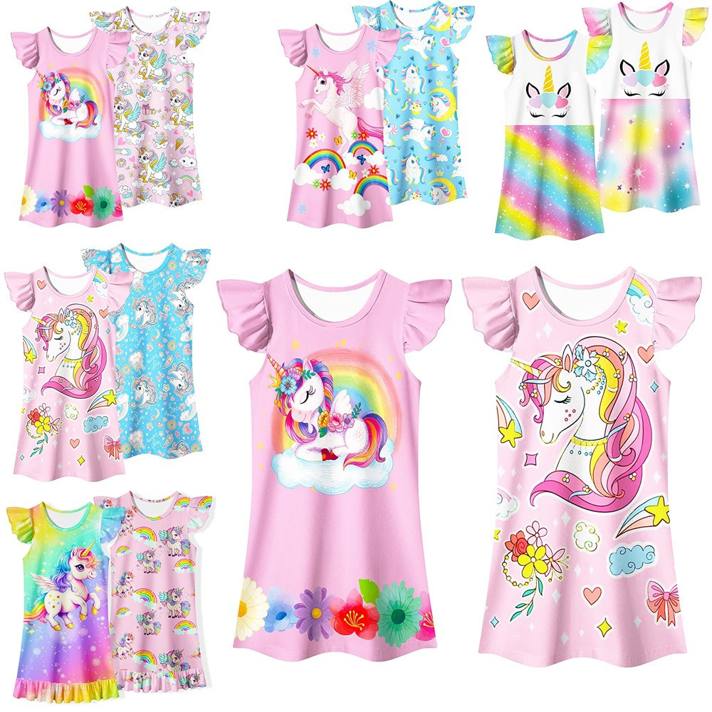 彩虹繽紛獨角獸3D印花卡通女童連衣裙短款荷葉邊袖女孩COS服圓領