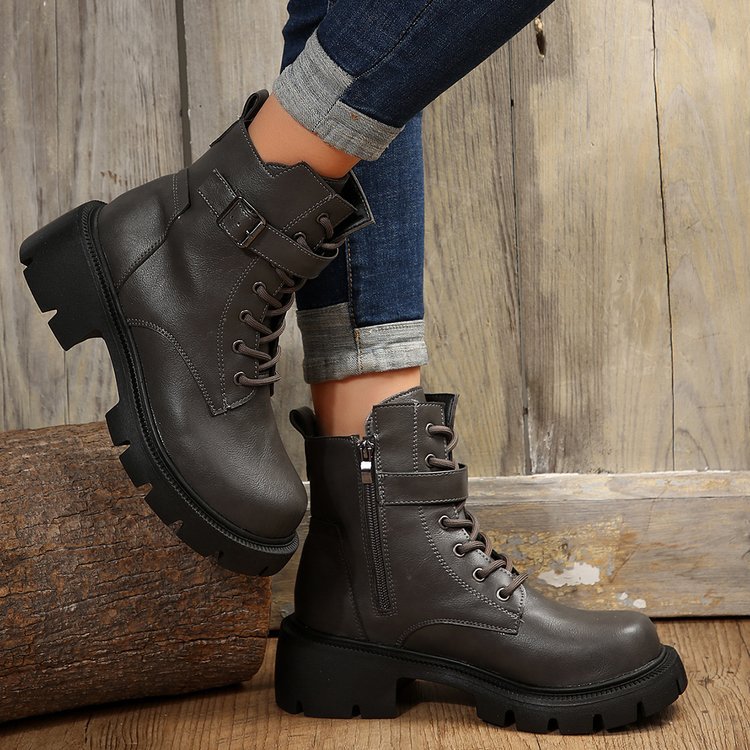 New autumn winter British style motorcycle boots thick soled belt buckle vintage ankle boots plus size_voghion.com