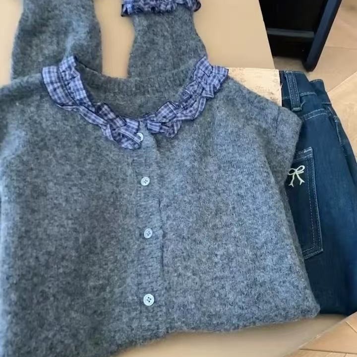 韩系甜美撞色格子拼接针织衫女装秋季复古气质小个子时尚显瘦毛衣|undefined