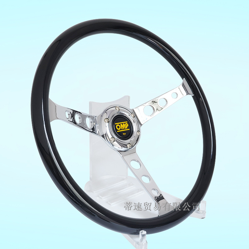 Factory direct sales OMP modified glossy black round hole 15inch steering wheel 380mm concave electroplated universal hole spacing 70mm