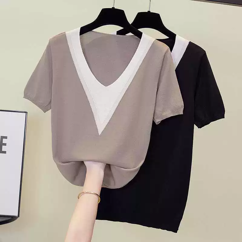 Summer knitted sweater, T-shirt, V-neckline, plus size, with short sleeve